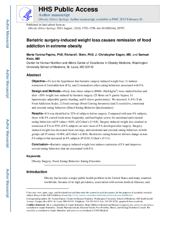 (PDF) Bariatric surgery-induced weight loss causes remission of food ...