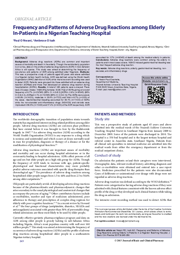 (PDF) Frequency and Patterns of Adverse Drug Reactions among ElderlyIn ...