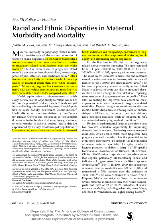 (PDF) Racial and ethnic disparities in maternal morbidity and mortality