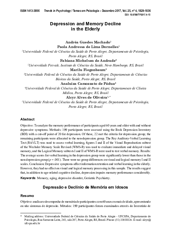 (PDF) Depression and Memory Decline in the Elderly