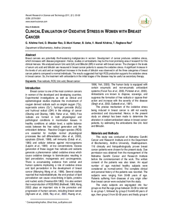 (PDF) Clinical Evaluation of Oxidative Stress in Women with Breast Cancer