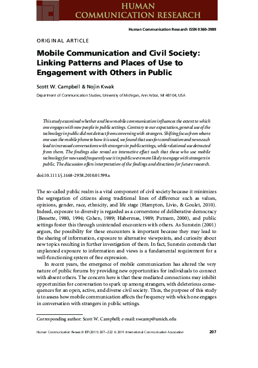 (PDF) Mobile Communication and Civil Society: Linking Patterns and ...