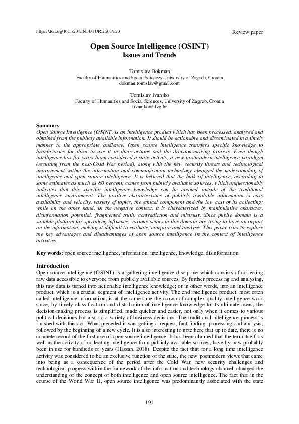 (PDF) Open Source Intelligence (OSINT): issues and trends