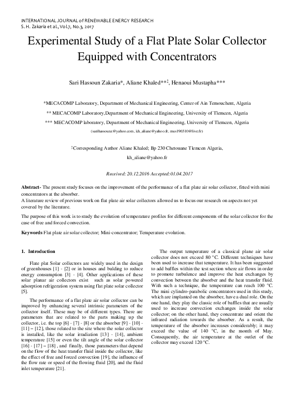 (PDF) Experimental Study of a Flat Plate Solar Collector Equipped With ...