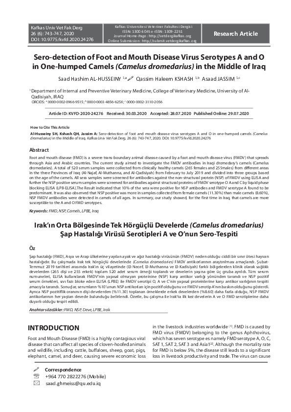(PDF) Sero-detection of Foot and Mouth Disease Virus Serotypes A and O ...