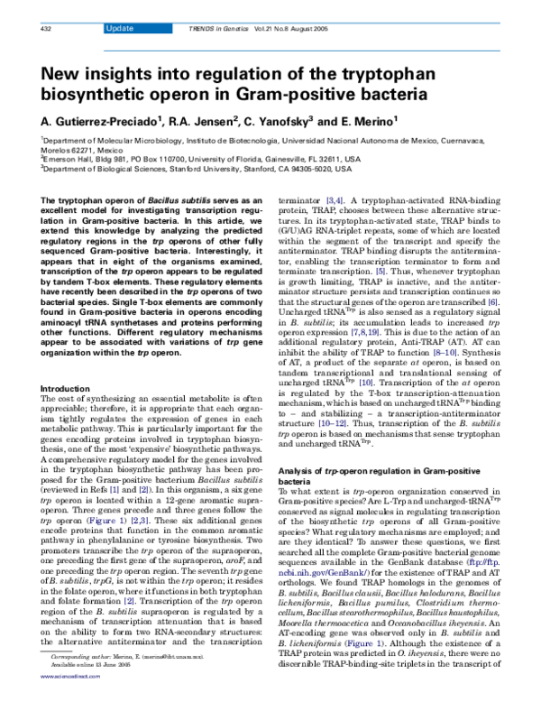 (PDF) New insights into regulation of the tryptophan biosynthetic ...