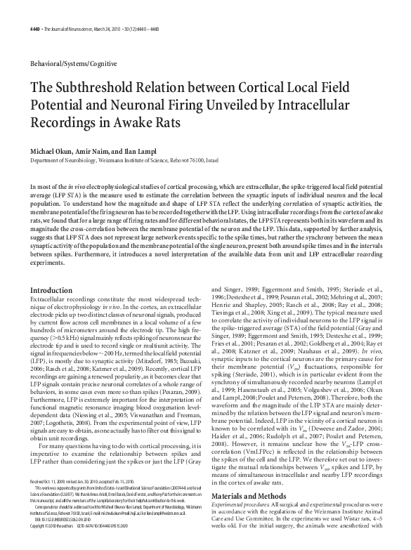 (PDF) The Subthreshold Relation between Cortical Local Field Potential ...