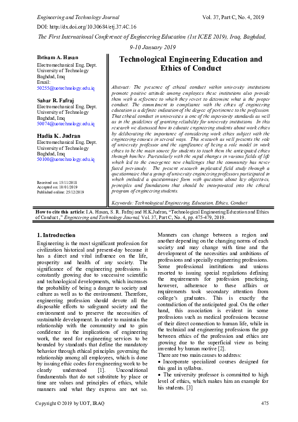 (PDF) Technological Engineering Education and Ethics of Conduct