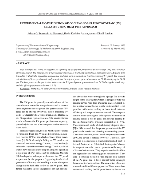 (PDF) Experimental Investigation of Cooling Solar Photovoltaic (PV ...
