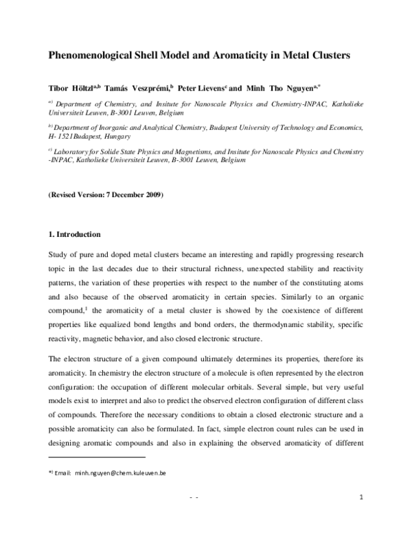 (PDF) Phenomenological Shell Model and Aromaticity in Metal Clusters