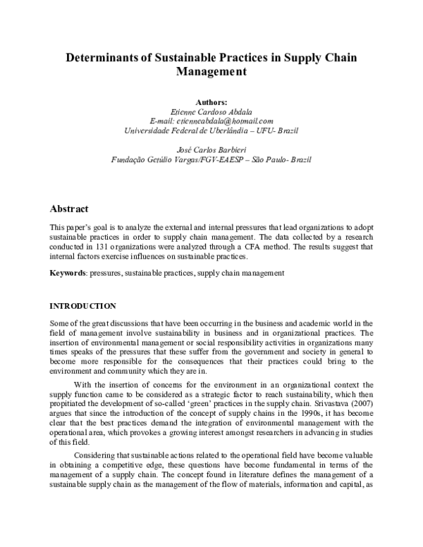 (PDF) Determinants of Sustainable Practices in Supply Chain Management