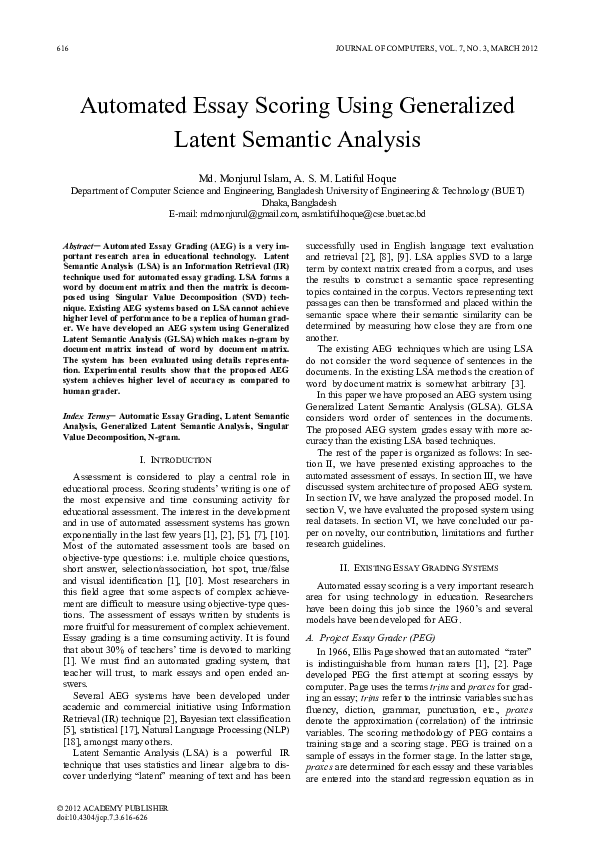 (PDF) Automated essay scoring using Generalized Latent Semantic Analysis