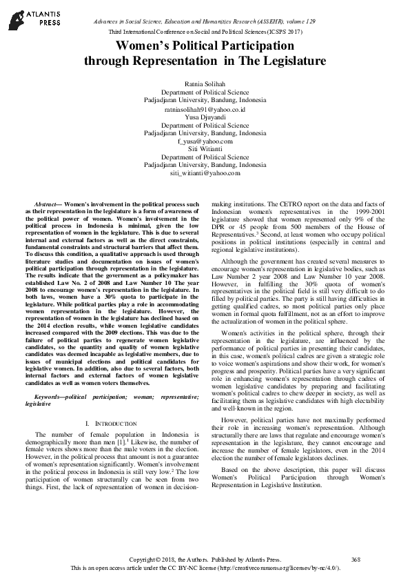 (PDF) Women's Political Participation through Representation in The ...