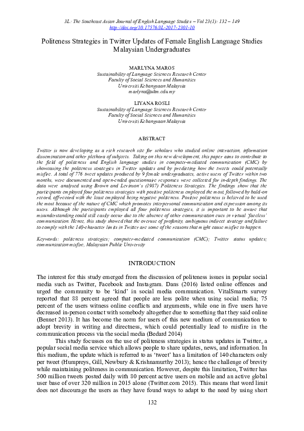 (PDF) Politeness Strategies in Twitter Updates of Female English ...