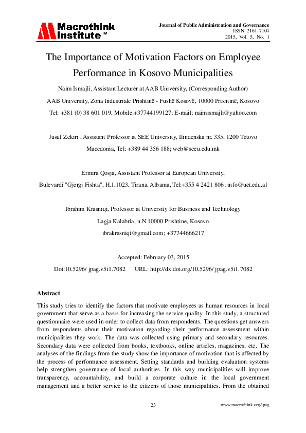 (PDF) The Importance of Motivation Factors on Employee Performance in ...