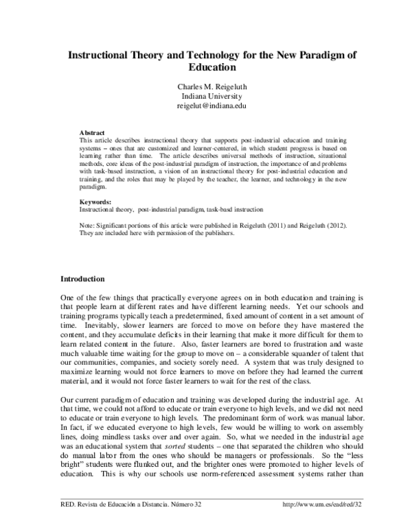 (PDF) Instructional Theory and Technology for the New Paradigm of Education