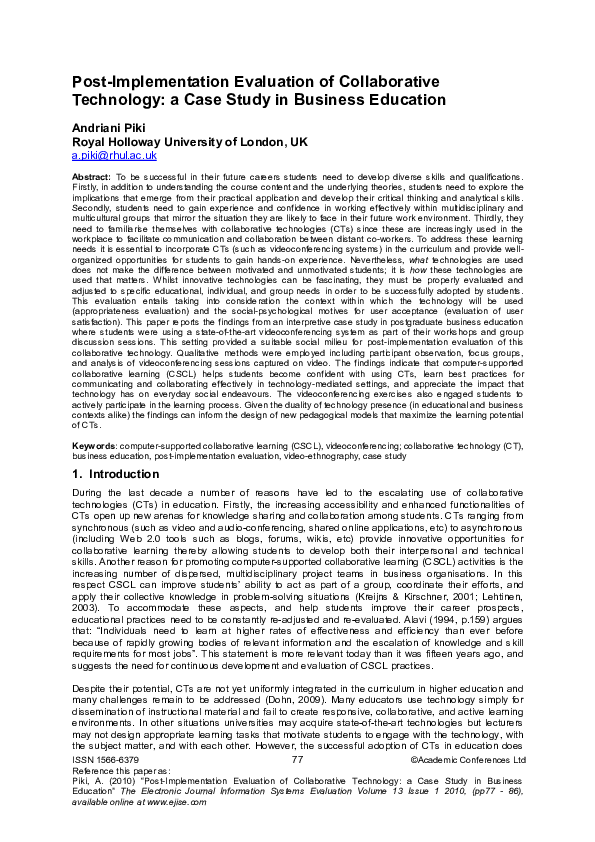 (PDF) Post-Implementation Evaluation of Collaborative Technology : a ...