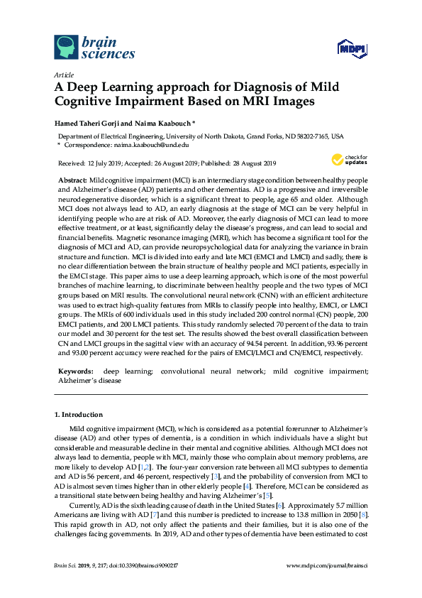 (PDF) A Deep Learning approach for Diagnosis of Mild Cognitive ...