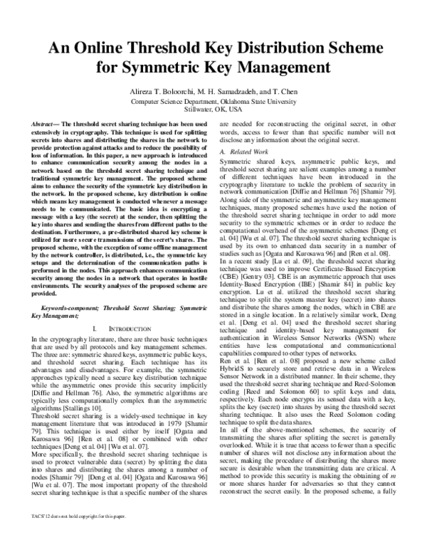 (PDF) An Online Threshold Key Distribution Scheme for Symmetric Key ...