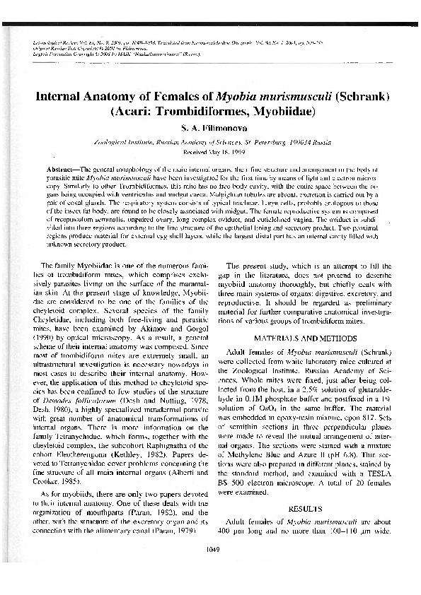 (PDF) Internal anatomy of females of Myobia murismusculi (Schrank ...