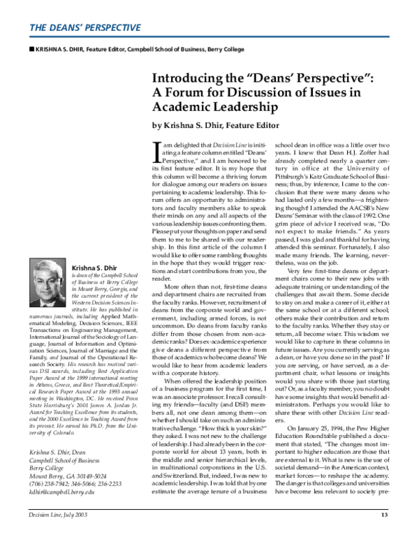 (PDF) Introducing the “Deans ’ Perspective”: A Forum for Discussion of ...