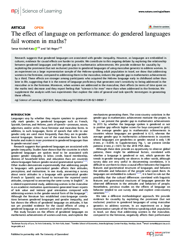 (PDF) The effect of language on performance: do gendered languages fail ...