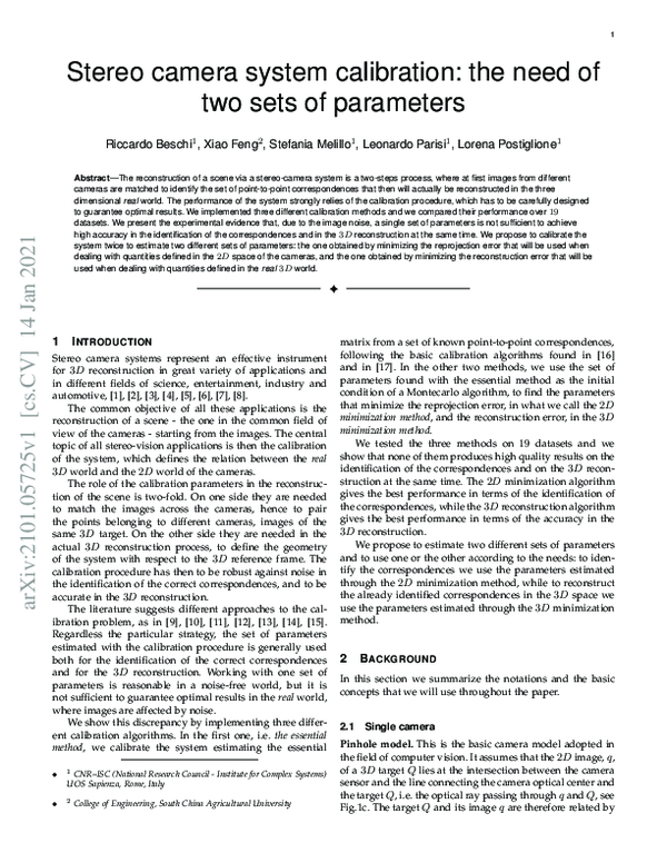 (PDF) Stereo camera system calibration: the need of two sets of parameters