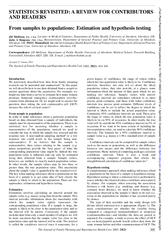 (PDF) From samples to populations: Estimation and hypothesis testing