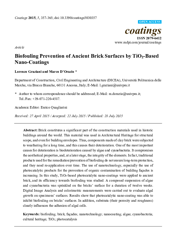 (PDF) Biofouling Prevention of Ancient Brick Surfaces by TiO2-Based ...