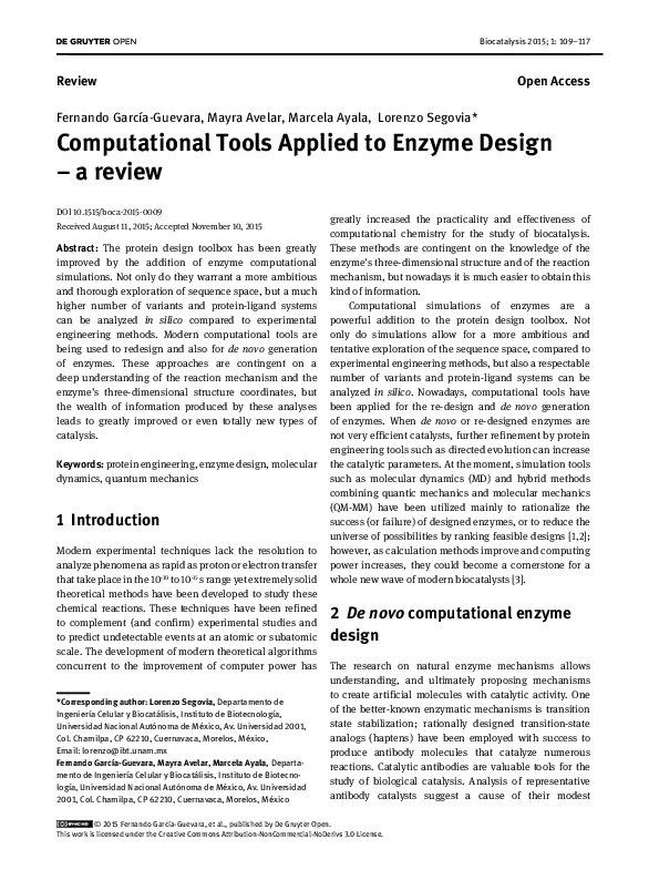 (PDF) Computational Tools Applied to Enzyme Design − a review