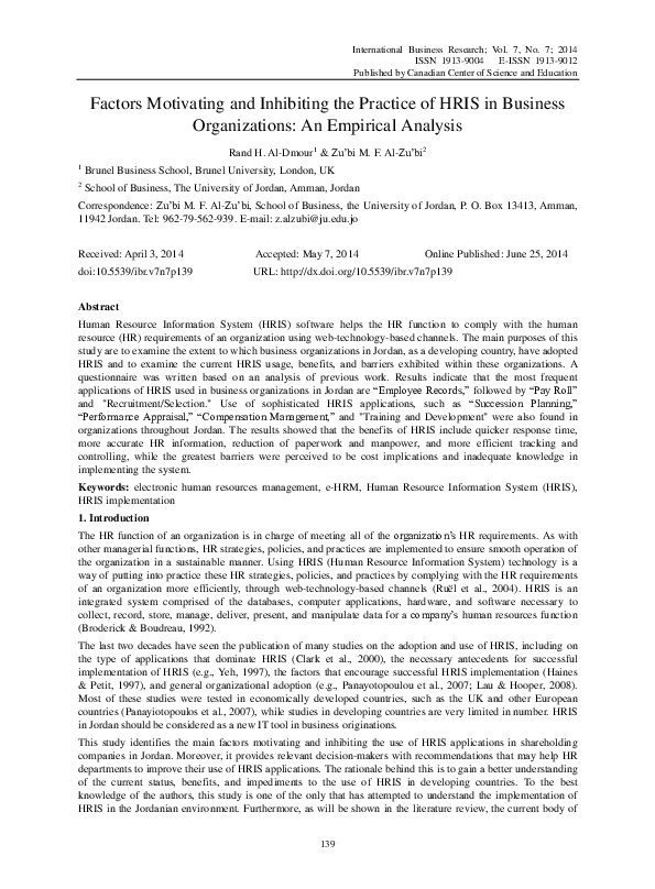 (PDF) Factors Motivating and Inhibiting the Practice of HRIS in ...