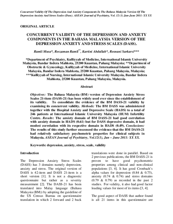 (PDF) Concurrent Validity of the Depression and Anxiety Components in ...