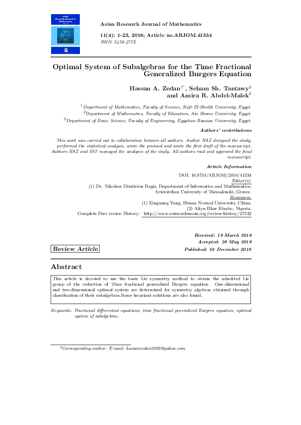 (PDF) Optimal System of Subalgebras for the Time Fractional Generalized ...