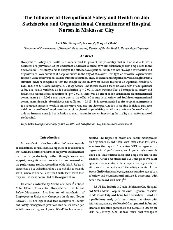 (PDF) The Influence of Occupational Safety and Health on Job ...