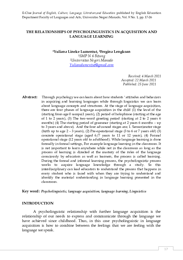 (PDF) The Relationships of Psycholinguistics in Acquisition and ...