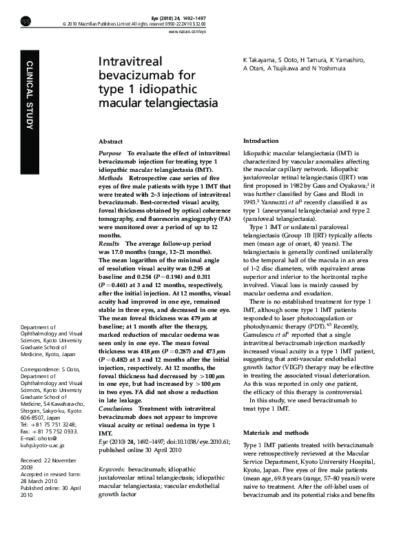 (PDF) Intravitreal bevacizumab for type 1 idiopathic macular telangiectasia