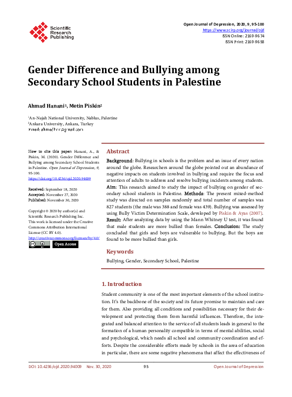 (PDF) Gender Difference and Bullying among Secondary School Students in ...