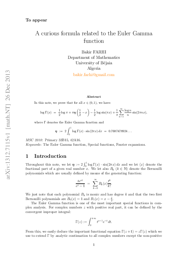 (PDF) A curious formula related to the Euler Gamma function