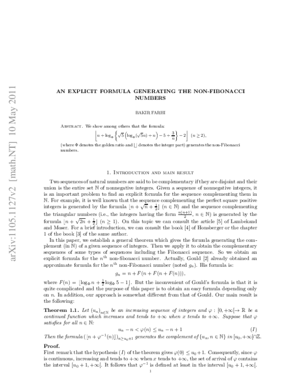 (PDF) 11 an Explicit Formula Generating the Non-Fibonacci Numbers