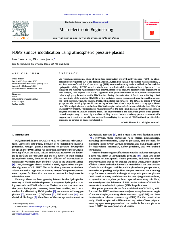 (PDF) PDMS surface modification using atmospheric pressure plasma