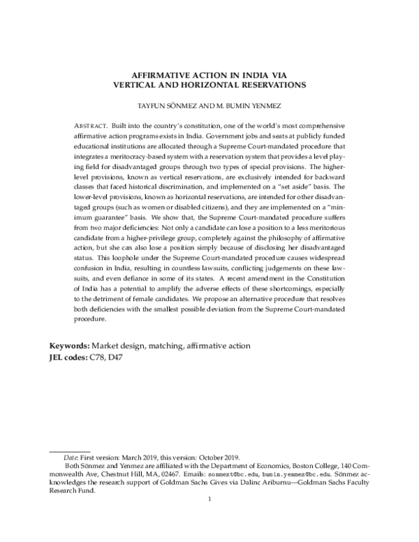 (PDF) Affirmative Action in India via Vertical and Horizontal