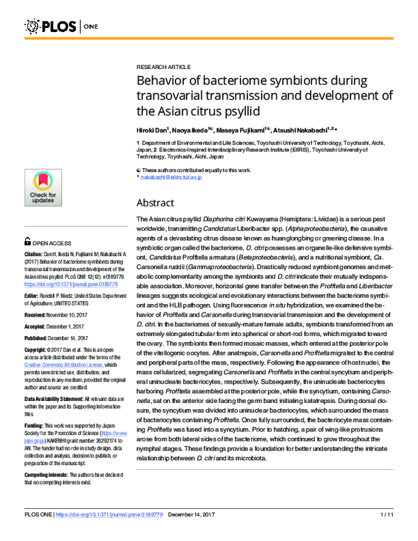 (PDF) Behavior of bacteriome symbionts during transovarial transmission ...