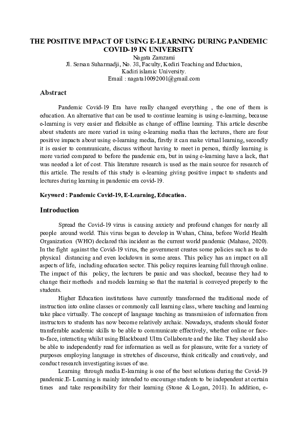 (DOC) THE POSITIVE IMPACT OF USING E-LEARNING DURING PANDEMIC COVID-19 ...