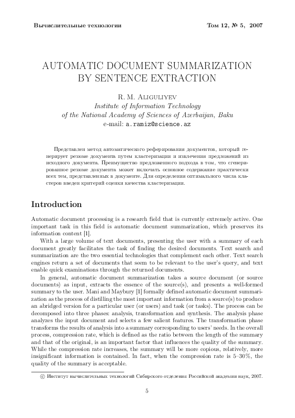 (PDF) Automatic Document Summarization by Sentence Extraction