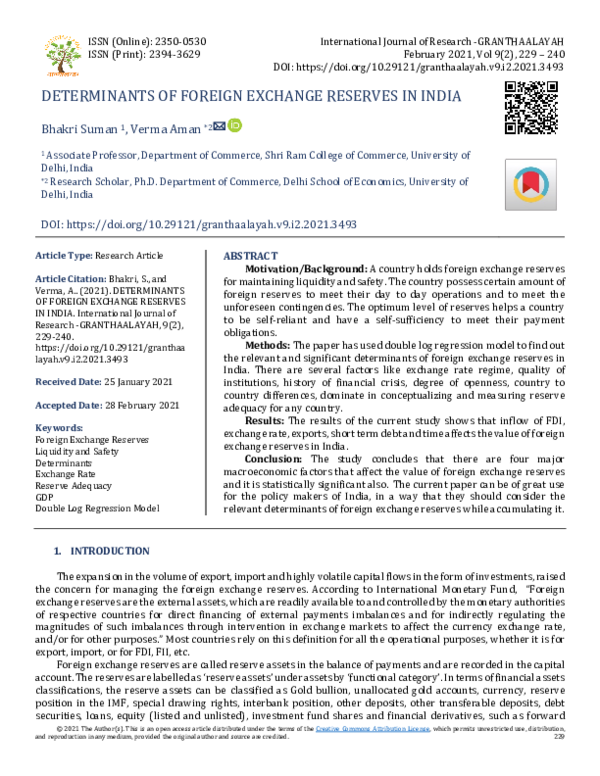 (PDF) Determinants of Foreign Exchange Reserves in India