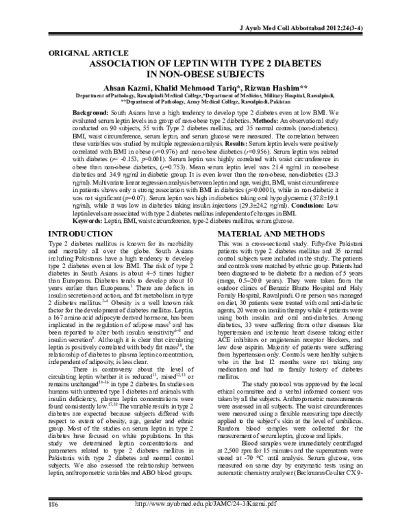 (PDF) Association of leptin with type 2 diabetes in non-obese subjects