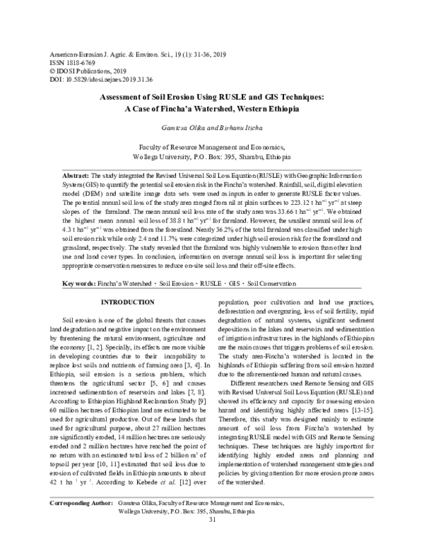 (PDF) Assessment of Soil Erosion Using RUSLE and GIS Techniques: A Case ...