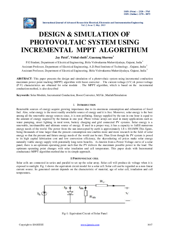 (PDF) DESIGN & SIMULATION OF PHOTOVOLTAIC SYSTEM USING INCREMENTAL MPPT ...