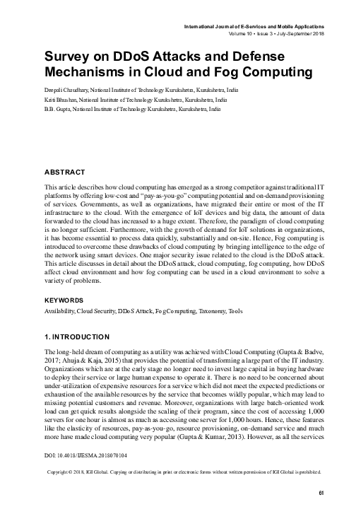 (PDF) Survey on DDoS Attacks and Defense Mechanisms in Cloud and Fog ...