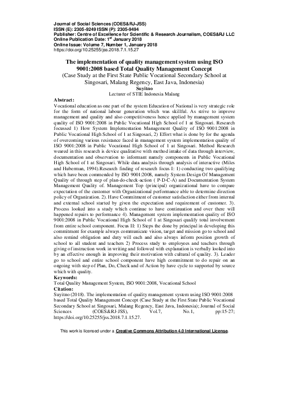 (PDF) The implementation of quality management system using ISO 9001: ...